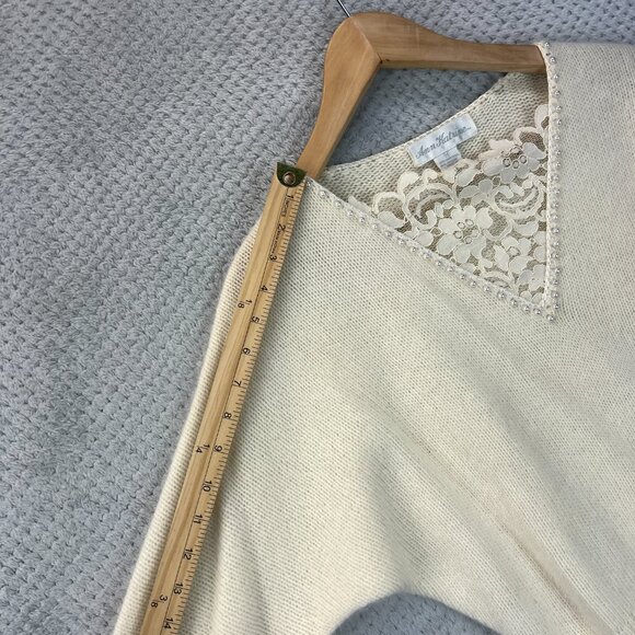 Vtg 80s Ann Katrine Womens Sweater Lambs Wool Angora Dolman Pearl Lace V-Neck Md - Picture 11 of 13